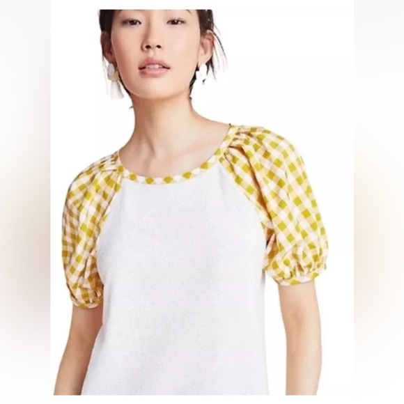 Anthropologie White And butter Yellow Gingham Blair Top small blouse cottagecore - Picture 1 of 13